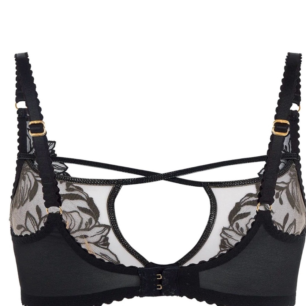 Agent Provocateur Black Floral Lace Bra 36B Scallop Strap Leather Look Detail - Picture 3 of 7